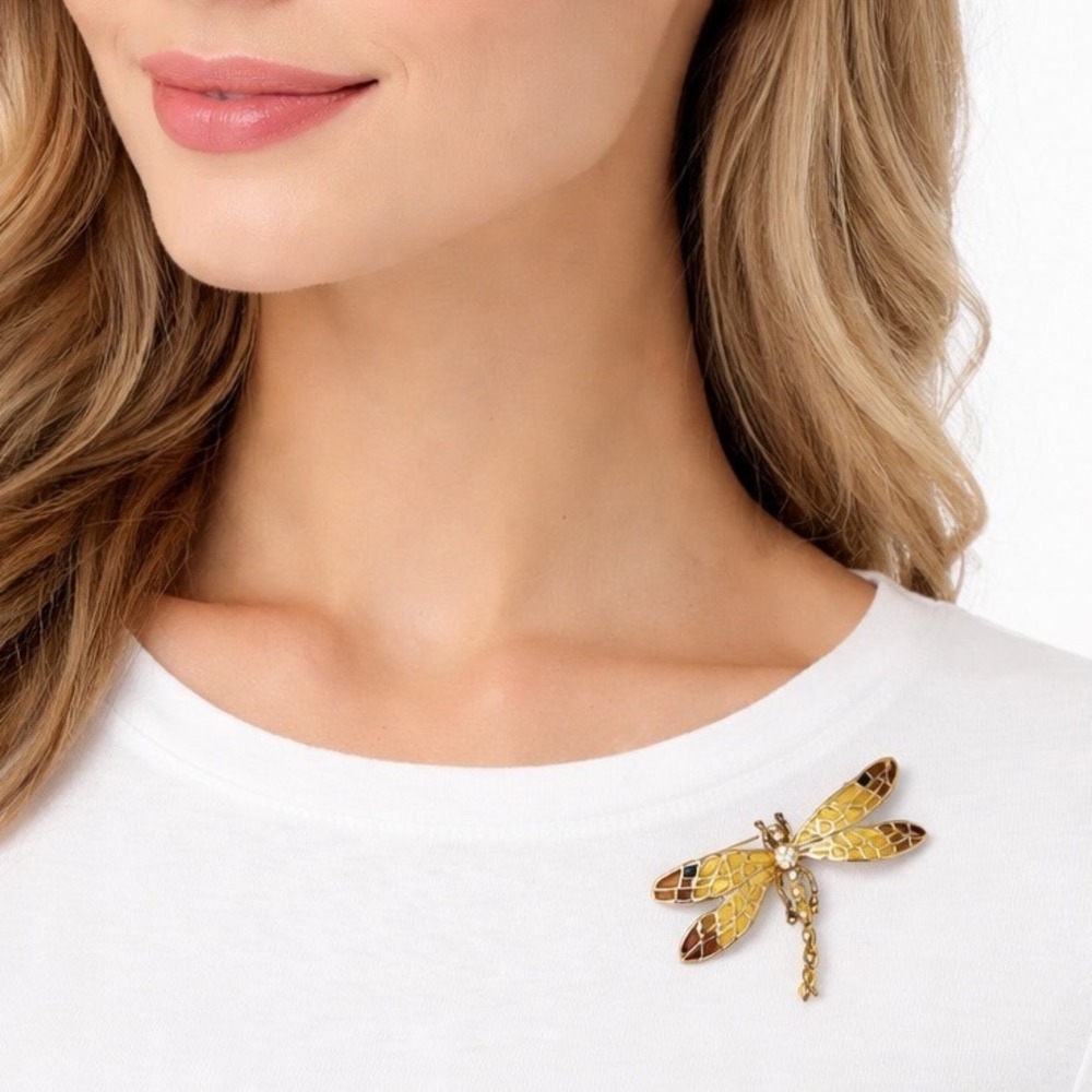 Vintage Gold Tone Dragonfly Brooch Amber Enamel Rhinestone Stained Glass Pin